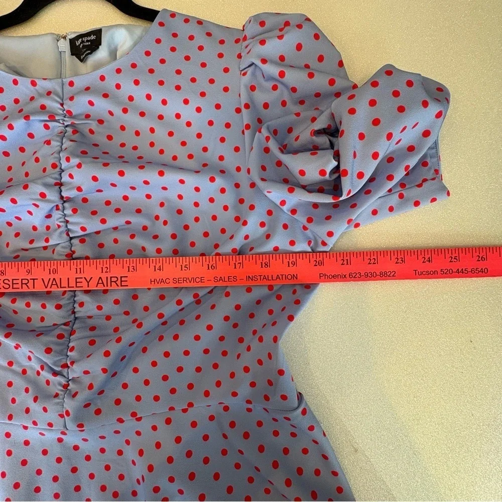 Kate Spade Plus Size 16 Peplum Top Ruched Blue Red Polka Dots Puff Sleeves Zip